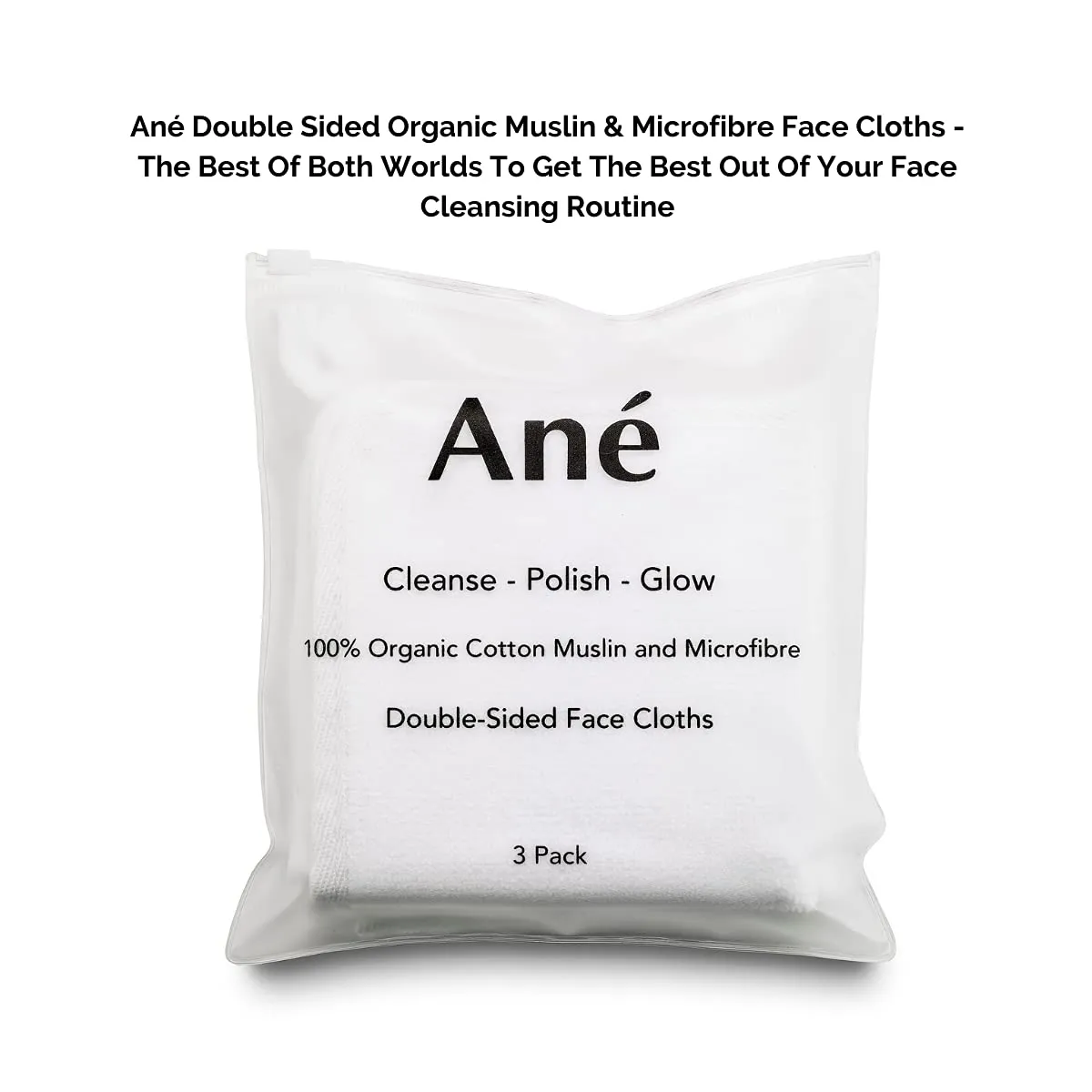 An√© 3 Double Sided Muslin and Microfibre Face Cleansing Cloths - Makeup Removers, Deep Pore Cleansers and Face Exfoliators