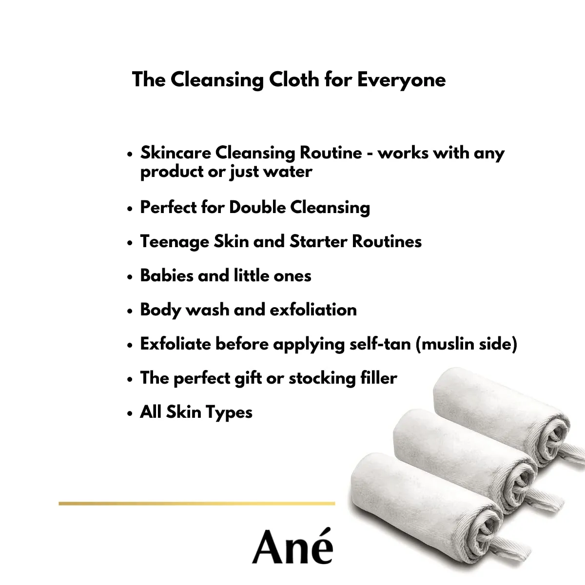 An√© 3 Double Sided Muslin and Microfibre Face Cleansing Cloths - Makeup Removers, Deep Pore Cleansers and Face Exfoliators