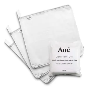 An√© 3 Double Sided Muslin and Microfibre Face Cleansing Cloths - Makeup Removers, Deep Pore Cleansers and Face Exfoliators