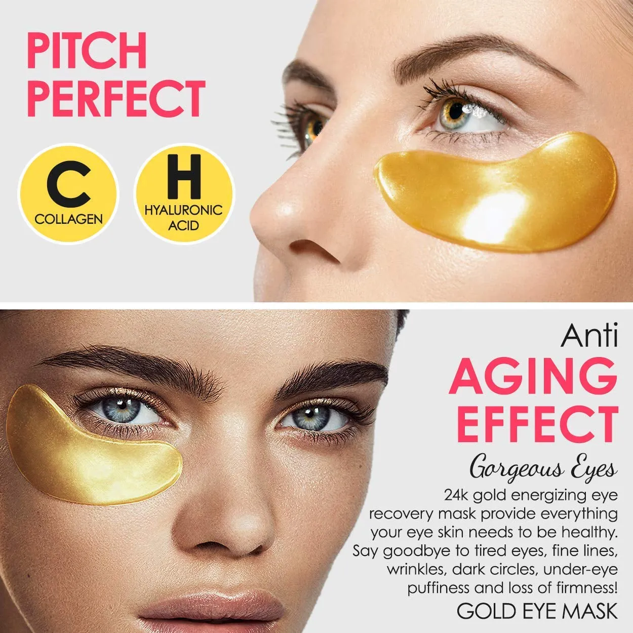 Under Eye Collagen Patches, 24K GOLD ANTI-AGING MASK, Pads For Puffy Eyes & Bags, Dark Circles and Wrinkles, With Hyaluronic Acid, Hydrogel, Deep Moisturizing Improves Elasticity, 30 PAIRS